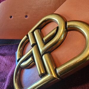 Vintage Pierre Balmain Leather Belt Interlocking PB Monogram Buckle Tan 70s 80s
